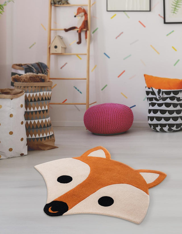 Orange and White 4' 1 x 4' 1 Playtime Kids Wool Round Area Rug for Baby Nursery, Toddler Playroom, Bedrooms