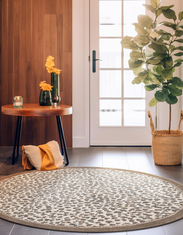 Brown 10' x 10' Wildlife Round Area Rug Animal Print Safari Jungle Inspired Carpet for Unique Modern Interior Design for Sale at Rug Engine