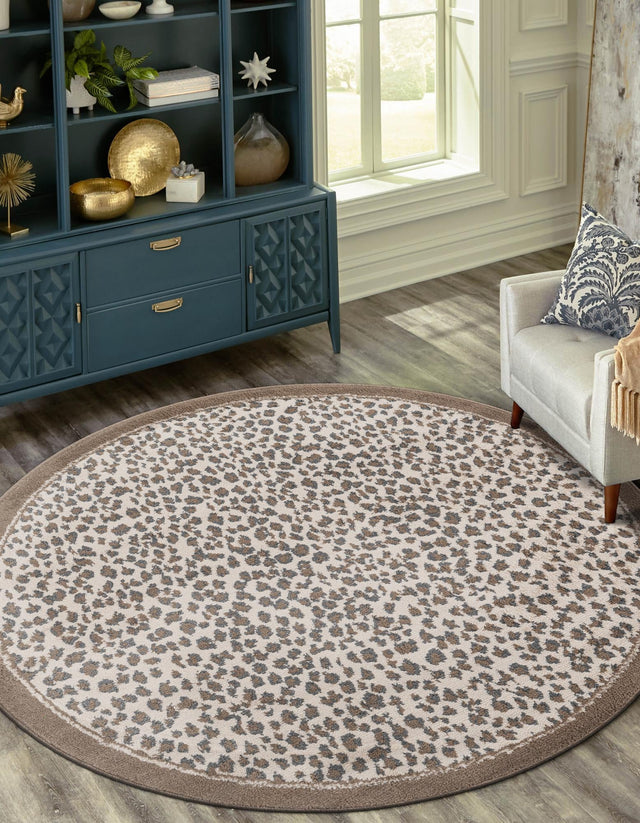Brown 5' 1 x 5' 1 Wildlife Round Area Rug Animal Print Safari Jungle Inspired Carpet for Unique Modern Interior Design for Sale at Rug Engine