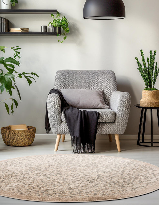 Ivory 4' 1 x 4' 1 Wildlife Round Area Rug Animal Print Safari Jungle Inspired Carpet for Unique Modern Interior Design for Sale at Rug Engine