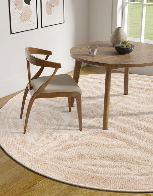 Beige and Ivory 7' 10 x 7' 10 Wildlife Round Area Rug Animal Print Safari Jungle Inspired Carpet for Unique Modern Interior Design for Sale at Rug Engine