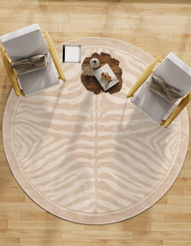 Beige and Ivory 3' 1 x 3' 1 Wildlife Round Area Rug Animal Print Safari Jungle Inspired Carpet for Unique Modern Interior Design for Sale at Rug Engine