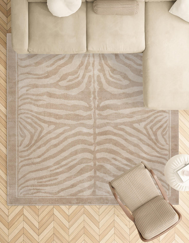 Beige and Ivory 7' 10 x 7' 10 Wildlife Square Area Rug Animal Print Safari Jungle Inspired Carpet for Unique Modern Interior Design for Sale at Rug Engine