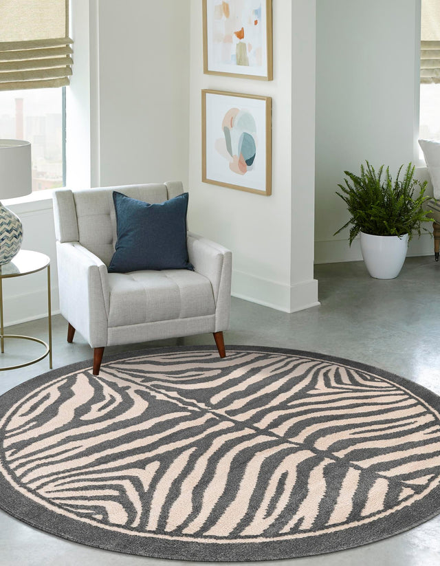 Gray and Ivory 7' 10 x 7' 10 Wildlife Round Area Rug Animal Print Safari Jungle Inspired Carpet for Unique Modern Interior Design for Sale at Rug Engine