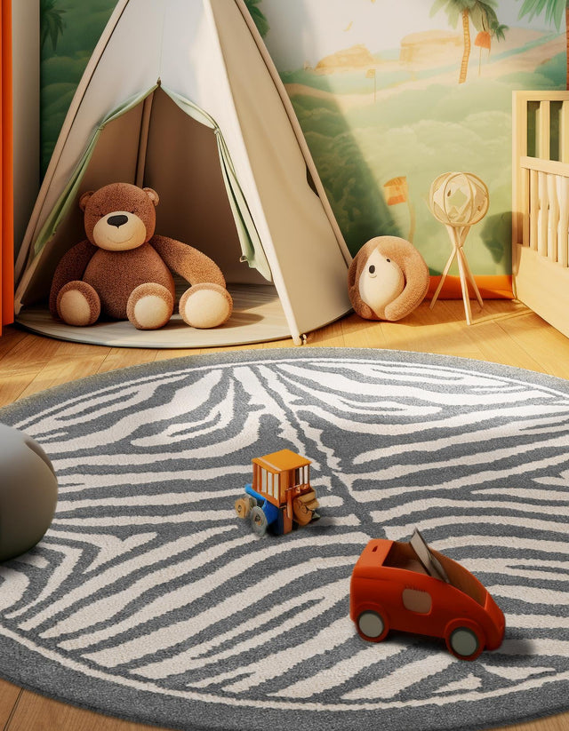 Gray and Ivory 7' 10 x 7' 10 Wildlife Round Area Rug Animal Print Safari Jungle Inspired Carpet for Unique Modern Interior Design for Sale at Rug Engine