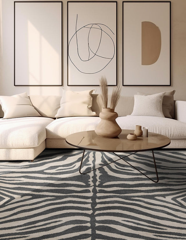 Gray and Ivory 7' 10 x 7' 10 Wildlife Square Area Rug Animal Print Safari Jungle Inspired Carpet for Unique Modern Interior Design for Sale at Rug Engine