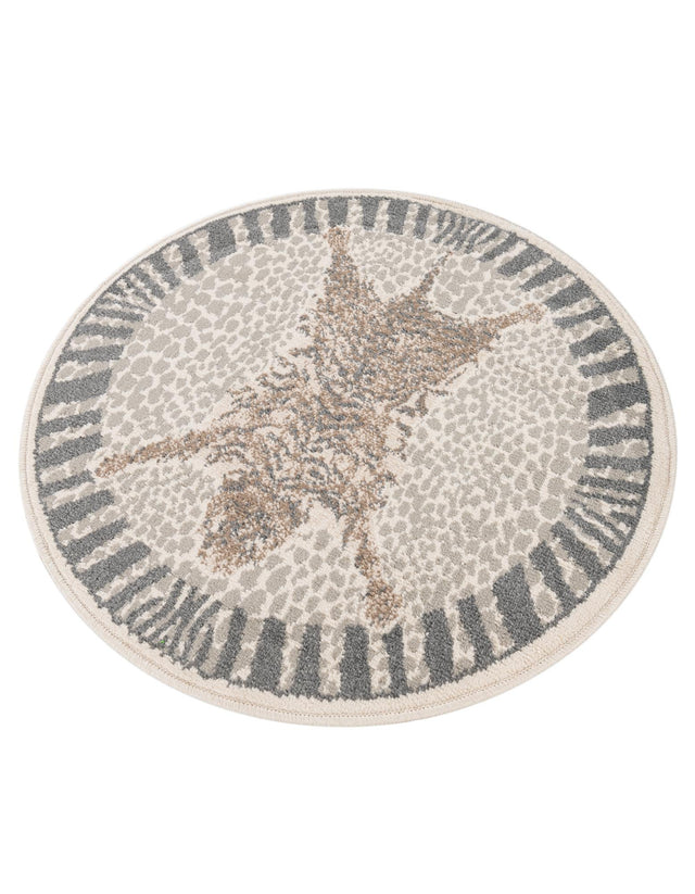 Gray and Ivory 3' 1 x 3' 1 Wildlife Round Area Rug Animal Print Safari Jungle Inspired Carpet for Unique Modern Interior Design for Sale at Rug Engine