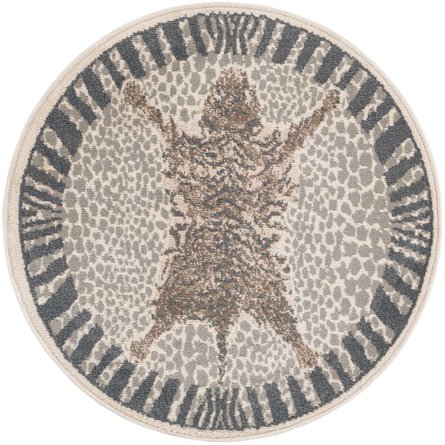 Gray and Ivory 3' 1 x 3' 1 Wildlife Round Area Rug Animal Print Safari Jungle Inspired Carpet for Unique Modern Interior Design for Sale at Rug Engine
