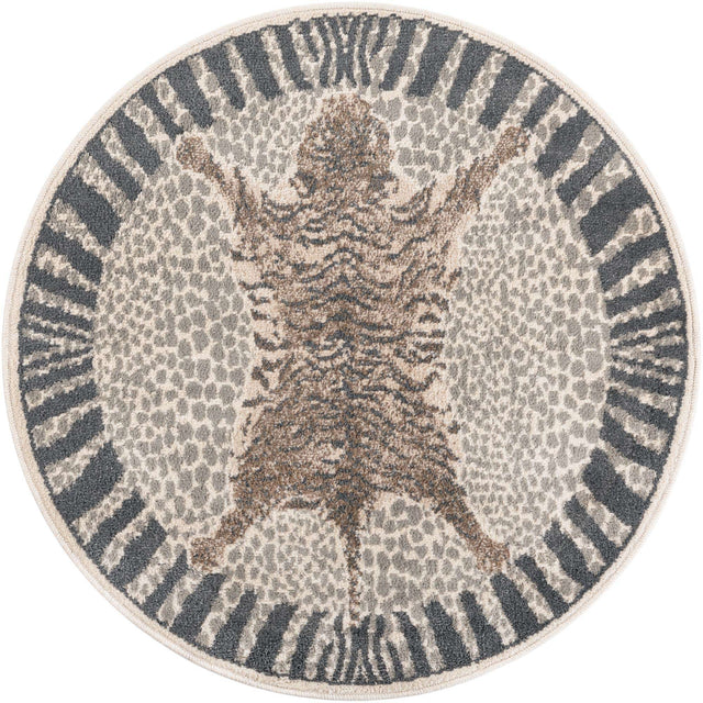 Gray and Ivory 4' 1 x 4' 1 Wildlife Round Area Rug Animal Print Safari Jungle Inspired Carpet for Unique Modern Interior Design for Sale at Rug Engine