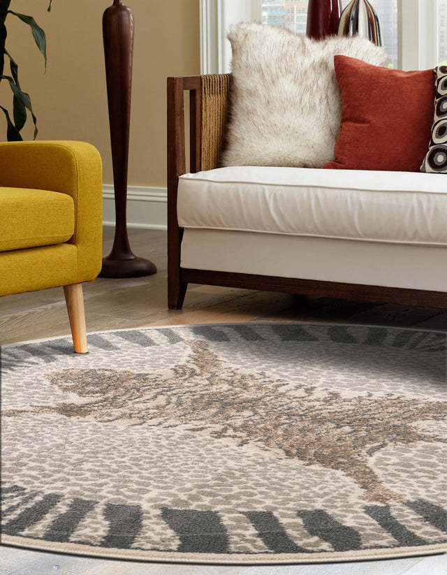 Gray and Ivory 10' x 10' Wildlife Round Area Rug Animal Print Safari Jungle Inspired Carpet for Unique Modern Interior Design for Sale at Rug Engine