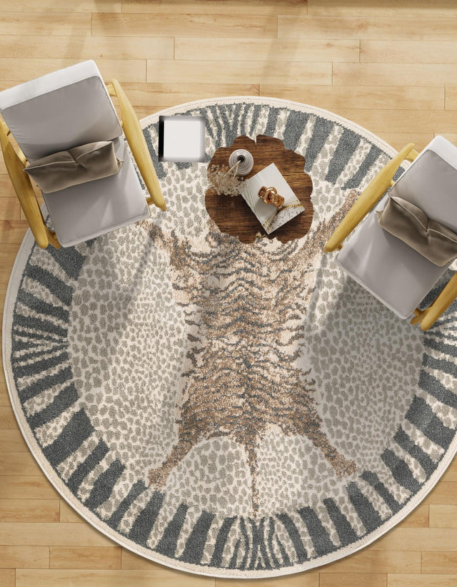 Gray and Ivory 3' 1 x 3' 1 Wildlife Round Area Rug Animal Print Safari Jungle Inspired Carpet for Unique Modern Interior Design for Sale at Rug Engine