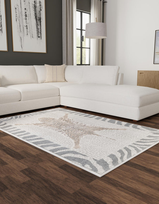 Gray and Ivory 4' 1 x 6' 1 Wildlife Rectangle Area Rug Animal Print Safari Jungle Inspired Carpet for Unique Modern Interior Design for Sale at Rug Engine