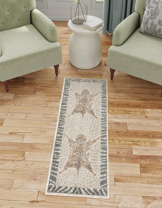 Gray and Ivory 2' 7 x 10' Wildlife Runner Area Rug Animal Print Safari Jungle Inspired Carpet for Unique Modern Interior Design for Sale at Rug Engine