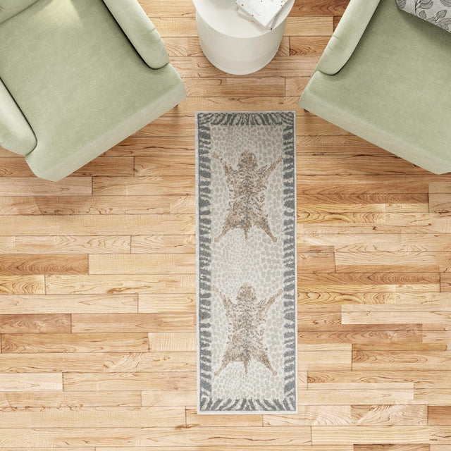 Gray and Ivory 2' x 8' Wildlife Runner Area Rug Animal Print Safari Jungle Inspired Carpet for Unique Modern Interior Design for Sale at Rug Engine