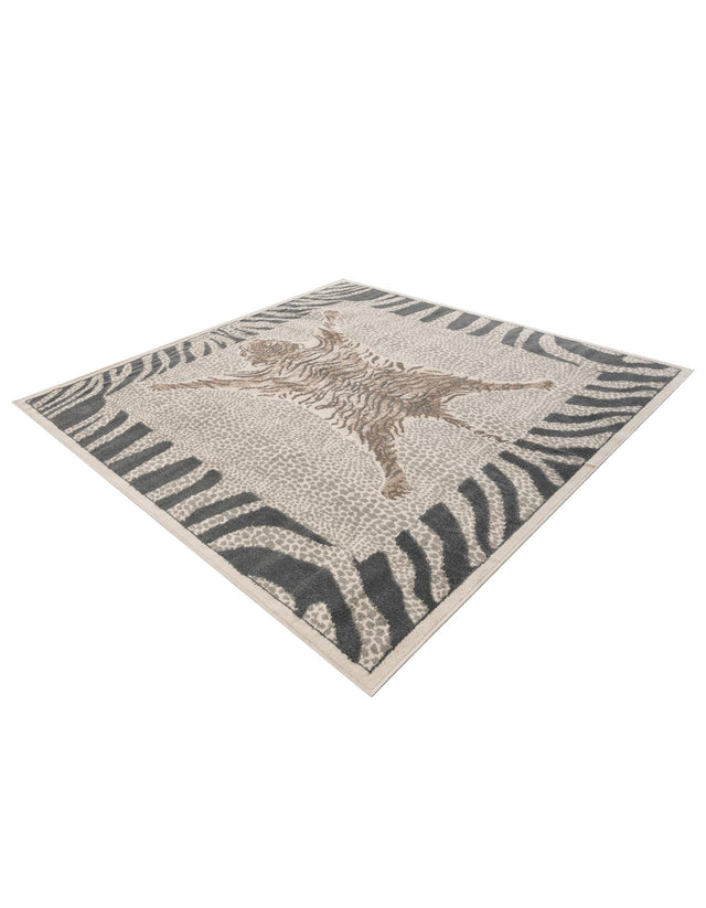 Gray and Ivory 7' 10 x 7' 10 Wildlife Square Area Rug Animal Print Safari Jungle Inspired Carpet for Unique Modern Interior Design for Sale at Rug Engine