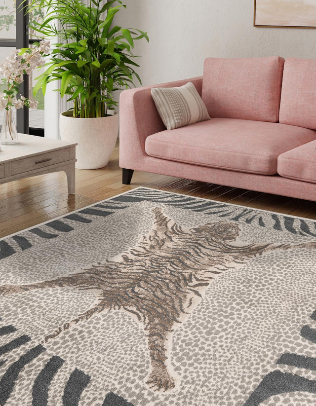 Gray and Ivory 7' 10 x 7' 10 Wildlife Square Area Rug Animal Print Safari Jungle Inspired Carpet for Unique Modern Interior Design for Sale at Rug Engine