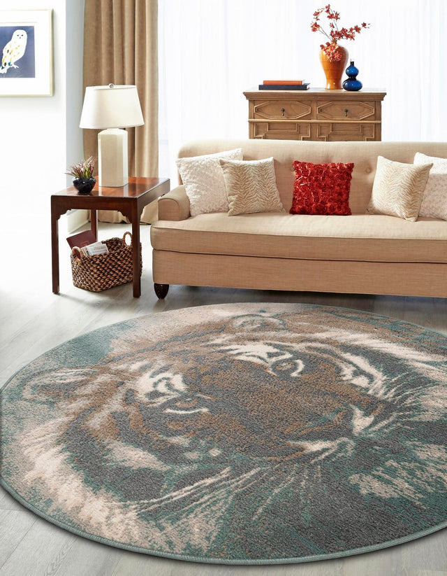Multicolor 5' 1 x 5' 1 Wildlife Round Area Rug Animal Print Safari Jungle Inspired Carpet for Unique Modern Interior Design for Sale at Rug Engine