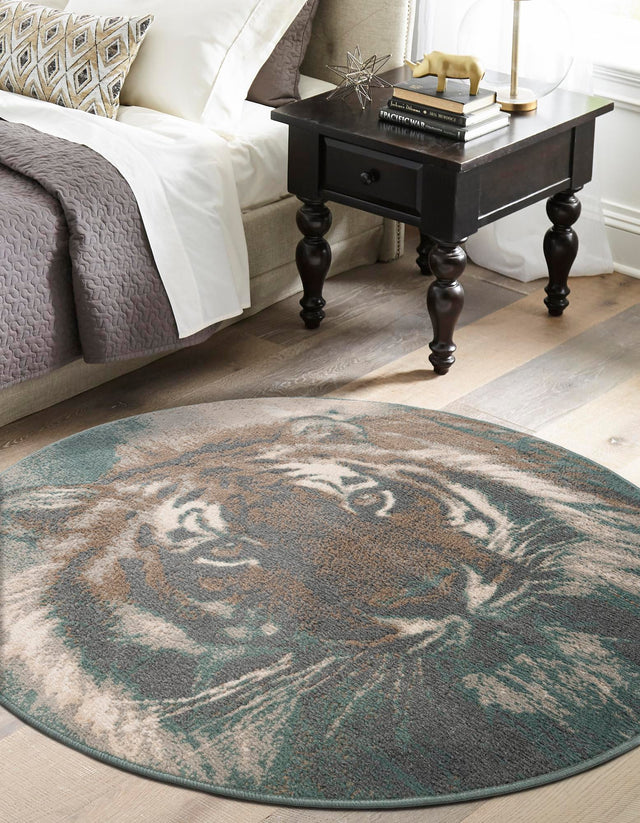 Multicolor 4' 1 x 4' 1 Wildlife Round Area Rug Animal Print Safari Jungle Inspired Carpet for Unique Modern Interior Design for Sale at Rug Engine
