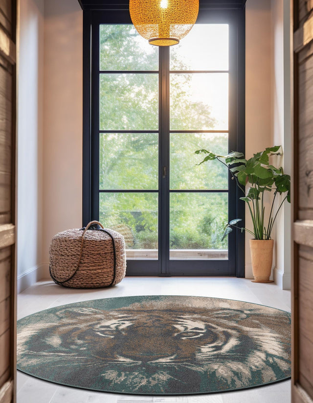 Multicolor 5' 1 x 5' 1 Wildlife Round Area Rug Animal Print Safari Jungle Inspired Carpet for Unique Modern Interior Design for Sale at Rug Engine