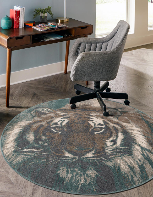 Multicolor 10' x 10' Wildlife Round Area Rug Animal Print Safari Jungle Inspired Carpet for Unique Modern Interior Design for Sale at Rug Engine