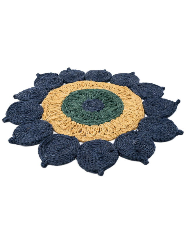 Navy Blue Yellow Green 2' x 2' Braided Jute Round Area Rug 100% Jute Hand Braided Natural Eco-Friendly Boho Style Carpet for Living Rooms Dining Office Space Dorms for Sale at Rug Engine
