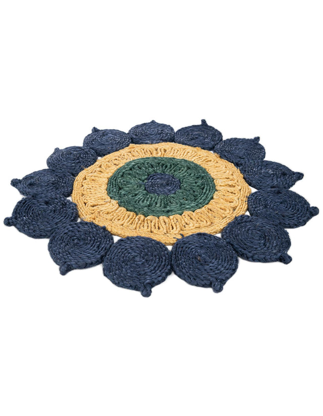 Navy Blue Yellow Green 2' x 2' Braided Jute Round Area Rug 100% Jute Hand Braided Natural Eco-Friendly Boho Style Carpet for Living Rooms Dining Office Space Dorms for Sale at Rug Engine