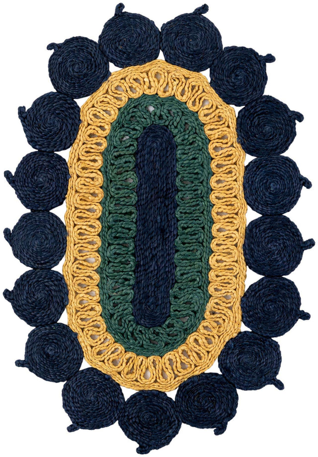 Navy Blue Yellow Green 2' x 3' 1 Braided Jute Oval Area Rug 100% Jute Hand Braided Natural Eco-Friendly Boho Style Carpet for Living Rooms Dining Office Space Dorms for Sale at Rug Engine
