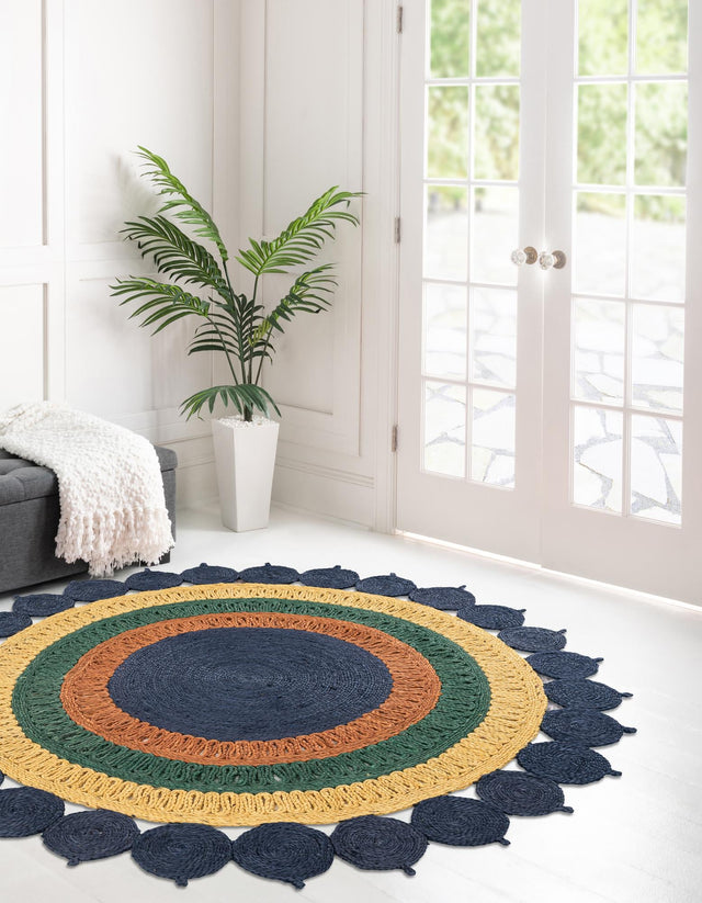 Navy Blue Yellow Green 7' 10 x 7' 10 Braided Jute Round Area Rug 100% Jute Hand Braided Natural Eco-Friendly Boho Style Carpet for Living Rooms Dining Office Space Dorms for Sale at Rug Engine