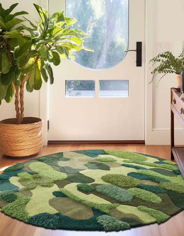Green 3' 1 x 3' 1 Moss Garden Round Area Rug 80% Wool & 20% Cotton Nature Inspired All Natural Carpet for Home Interior Design for Sale at Rug Engine