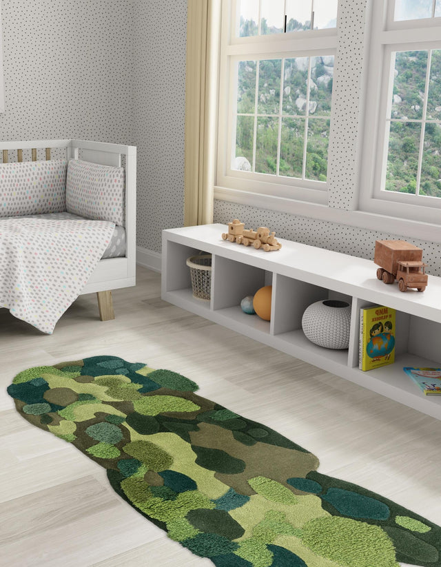 Green 2' x 6' 1 Moss Garden Freeform Area Rug 80% Wool & 20% Cotton Nature Inspired All Natural Carpet for Home Interior Design for Sale at Rug Engine