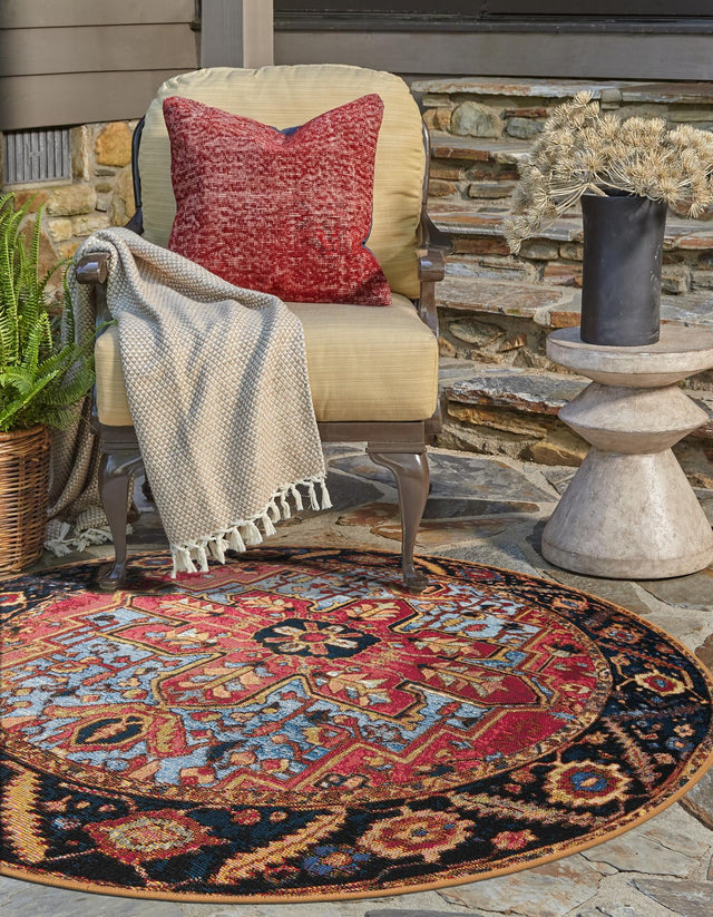 Rust Red and Blue 4' 1 x 4' 1 Outdoor Traditional Round Area Rug Weather Resistant for Patio, Deck, Terrace, Balcony, Porch Classical Design Outside Carpet for Sale at Rug Engine