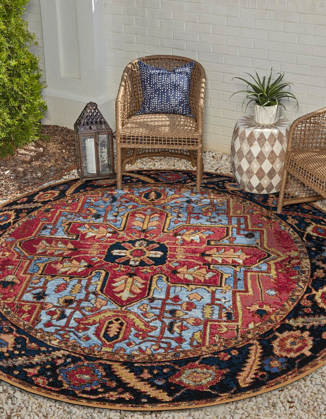 Rust Red and Blue 3' 1 x 3' 1 Outdoor Traditional Round Area Rug Weather Resistant for Patio, Deck, Terrace, Balcony, Porch Classical Design Outside Carpet for Sale at Rug Engine
