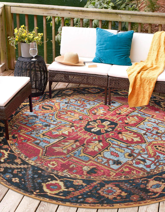 Rust Red and Blue 7' 10 x 7' 10 Outdoor Traditional Round Area Rug Weather Resistant for Patio, Deck, Terrace, Balcony, Porch Classical Design Outside Carpet for Sale at Rug Engine