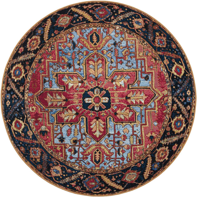 Rust Red and Blue 5' 1 x 5' 1 Outdoor Traditional Round Area Rug Weather Resistant for Patio, Deck, Terrace, Balcony, Porch Classical Design Outside Carpet for Sale at Rug Engine