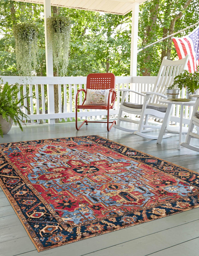 Rust Red and Blue 4' 1 x 6' 1 Outdoor Traditional Rectangle Area Rug Weather Resistant for Patio, Deck, Terrace, Balcony, Porch Classical Design Outside Carpet for Sale at Rug Engine