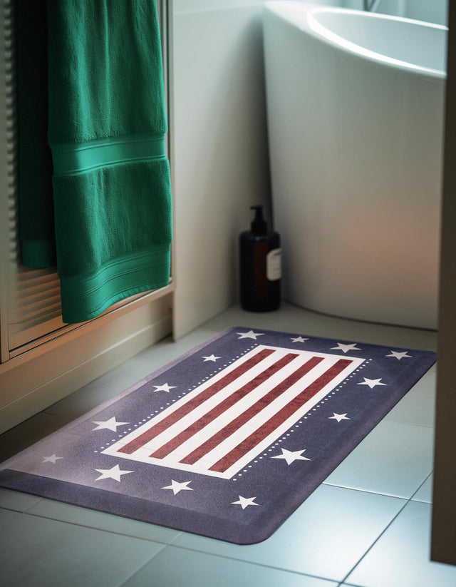 Seasonal Festive Anti-Fatigue Red and Blue 2' x 3' Comfort Standing Mat for Kitchen, Bath, Laundry Room, Office Colorful PVC Durable Non-Slip Water Resistant Spill Proof Rug Thick Rubber for Sale at Rug Engine