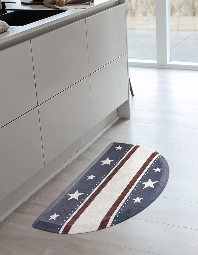 Seasonal Festive Anti-Fatigue Red and Blue 2' x 3' Comfort Standing Mat Hearth Half-Round Semicircle Area Rug for Kitchen, Bath, Laundry Room, Office Colorful PVC Durable Non-Slip Water Resistant Spill Proof Rug Thick Rubber for Sale at Rug Engine