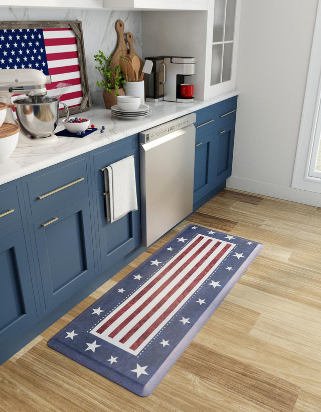Seasonal Festive Anti-Fatigue Red and Blue 2' x 5' Comfort Standing Mat for Kitchen, Bath, Laundry Room, Office Colorful PVC Durable Non-Slip Water Resistant Spill Proof Rug Thick Rubber for Sale at Rug Engine