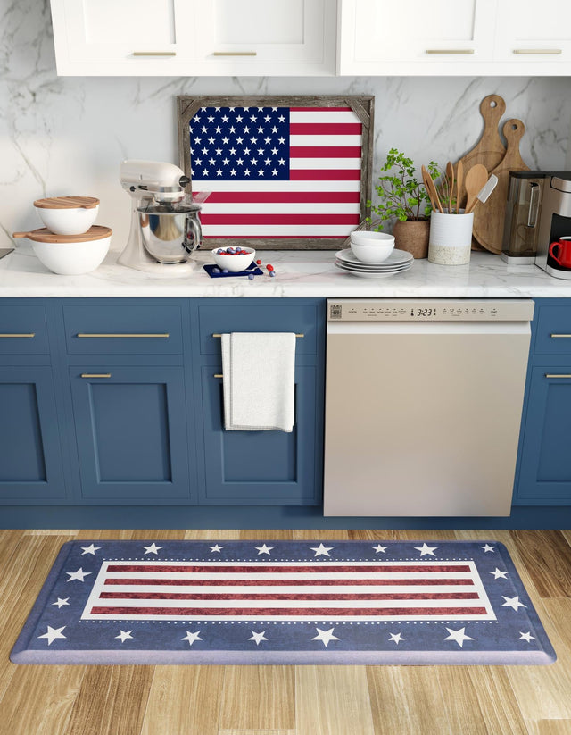 Seasonal Festive Anti-Fatigue Red and Blue 2' x 5' Comfort Standing Mat for Kitchen, Bath, Laundry Room, Office Colorful PVC Durable Non-Slip Water Resistant Spill Proof Rug Thick Rubber for Sale at Rug Engine