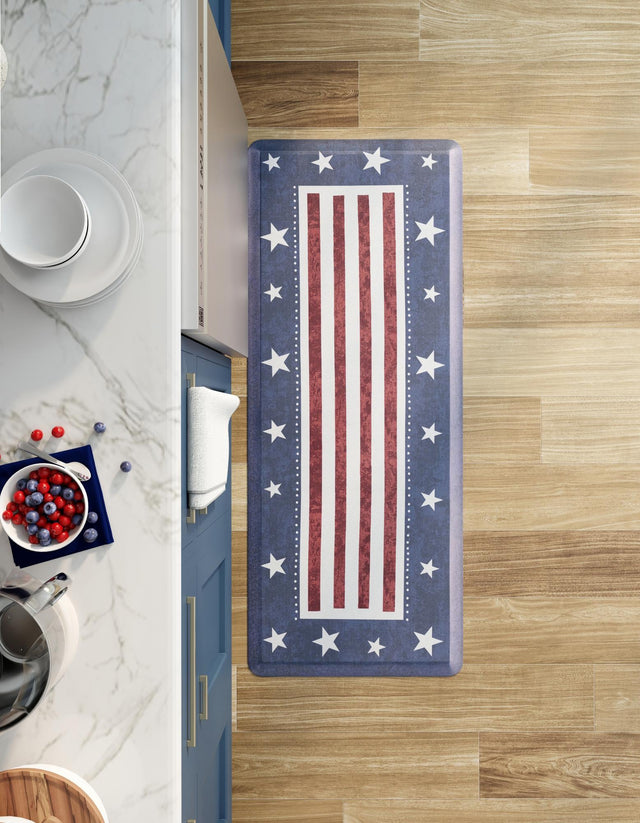 Seasonal Festive Anti-Fatigue Red and Blue 2' x 5' Comfort Standing Mat for Kitchen, Bath, Laundry Room, Office Colorful PVC Durable Non-Slip Water Resistant Spill Proof Rug Thick Rubber for Sale at Rug Engine