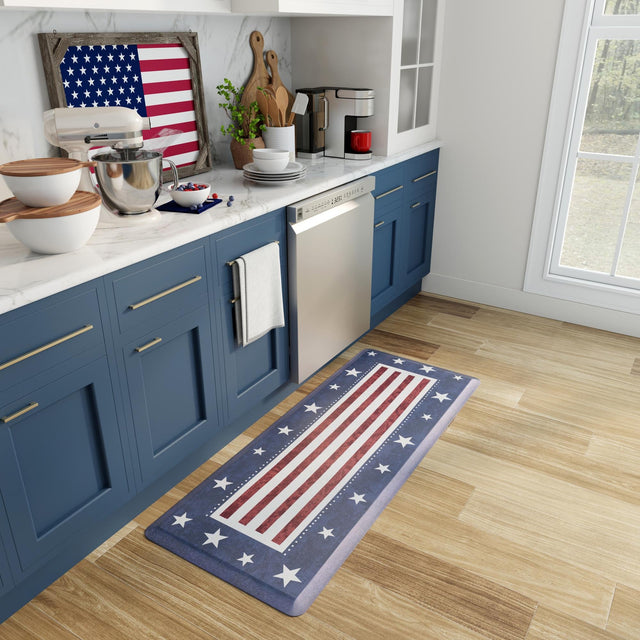 Seasonal Festive Anti-Fatigue Red and Blue 2' x 5' Comfort Standing Mat for Kitchen, Bath, Laundry Room, Office Colorful PVC Durable Non-Slip Water Resistant Spill Proof Rug Thick Rubber for Sale at Rug Engine