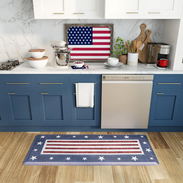 Seasonal Festive Anti-Fatigue Red and Blue 2' x 5' Comfort Standing Mat for Kitchen, Bath, Laundry Room, Office Colorful PVC Durable Non-Slip Water Resistant Spill Proof Rug Thick Rubber for Sale at Rug Engine