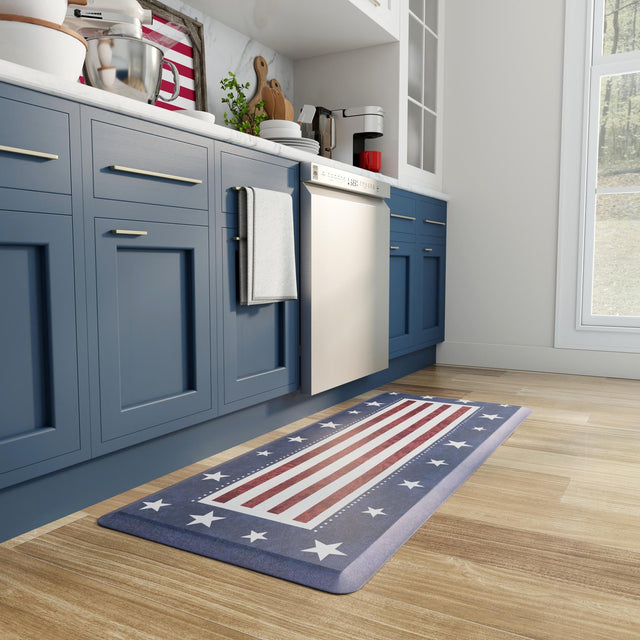 Seasonal Festive Anti-Fatigue Red and Blue 2' x 5' Comfort Standing Mat for Kitchen, Bath, Laundry Room, Office Colorful PVC Durable Non-Slip Water Resistant Spill Proof Rug Thick Rubber for Sale at Rug Engine