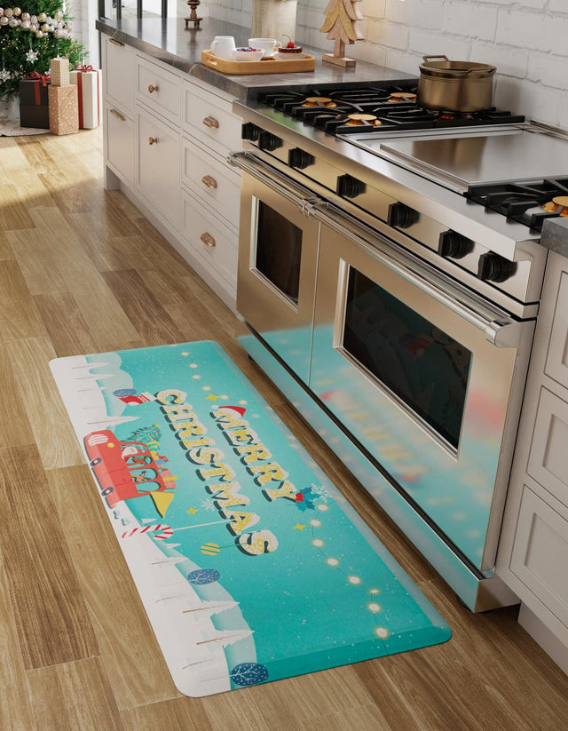 Seasonal Festive Anti-Fatigue Blue 2' x 5' Comfort Standing Mat for Kitchen, Bath, Laundry Room, Office Colorful PVC Durable Non-Slip Water Resistant Spill Proof Rug Thick Rubber for Sale at Rug Engine