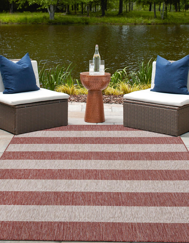Rust Red 10' x 10' Outdoor Striped Square Area Rug Weather Resistant for Patio, Deck, Terrace, Balcony, Porch Geometric Pattern Waterproof Carpet for Sale at Rug Engine