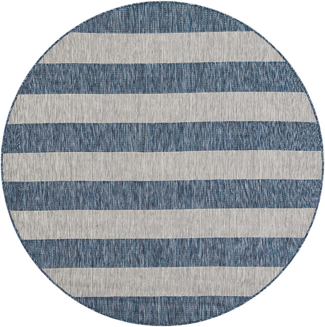 Blue 6' 1 x 6' 1 Outdoor Striped Round Area Rug Weather Resistant for Patio, Deck, Terrace, Balcony, Porch Geometric Pattern Waterproof Carpet for Sale at Rug Engine