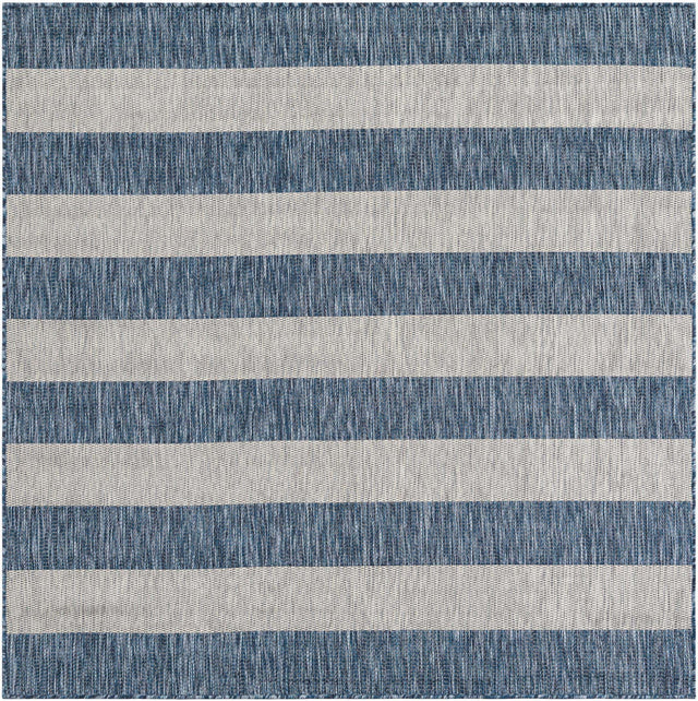 Blue 6' 1 x 6' 1 Outdoor Striped Square Area Rug Weather Resistant for Patio, Deck, Terrace, Balcony, Porch Geometric Pattern Waterproof Carpet for Sale at Rug Engine