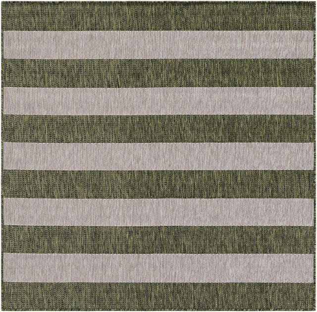 Green 5' 3 x 5' 3 Outdoor Striped Square Area Rug Weather Resistant for Patio, Deck, Terrace, Balcony, Porch Geometric Pattern Waterproof Carpet for Sale at Rug Engine