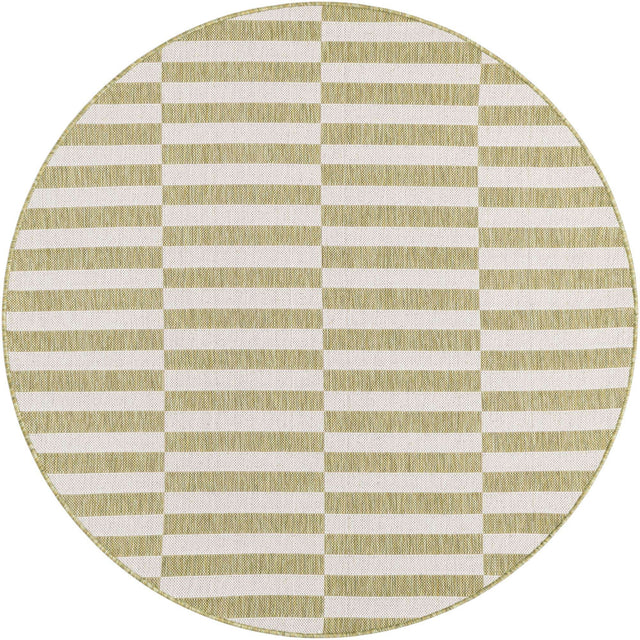 Green 5' 3 x 5' 3 Outdoor Striped Round Area Rug Weather Resistant for Patio, Deck, Terrace, Balcony, Porch Geometric Pattern Waterproof Carpet for Sale at Rug Engine