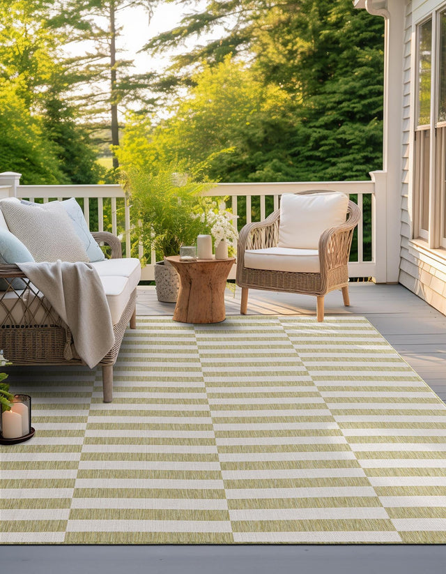 Green 10' x 10' Outdoor Striped Square Area Rug Weather Resistant for Patio, Deck, Terrace, Balcony, Porch Geometric Pattern Waterproof Carpet for Sale at Rug Engine
